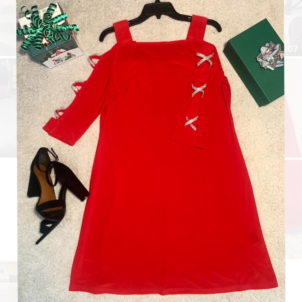Red Shift dress with beadwork on the arms